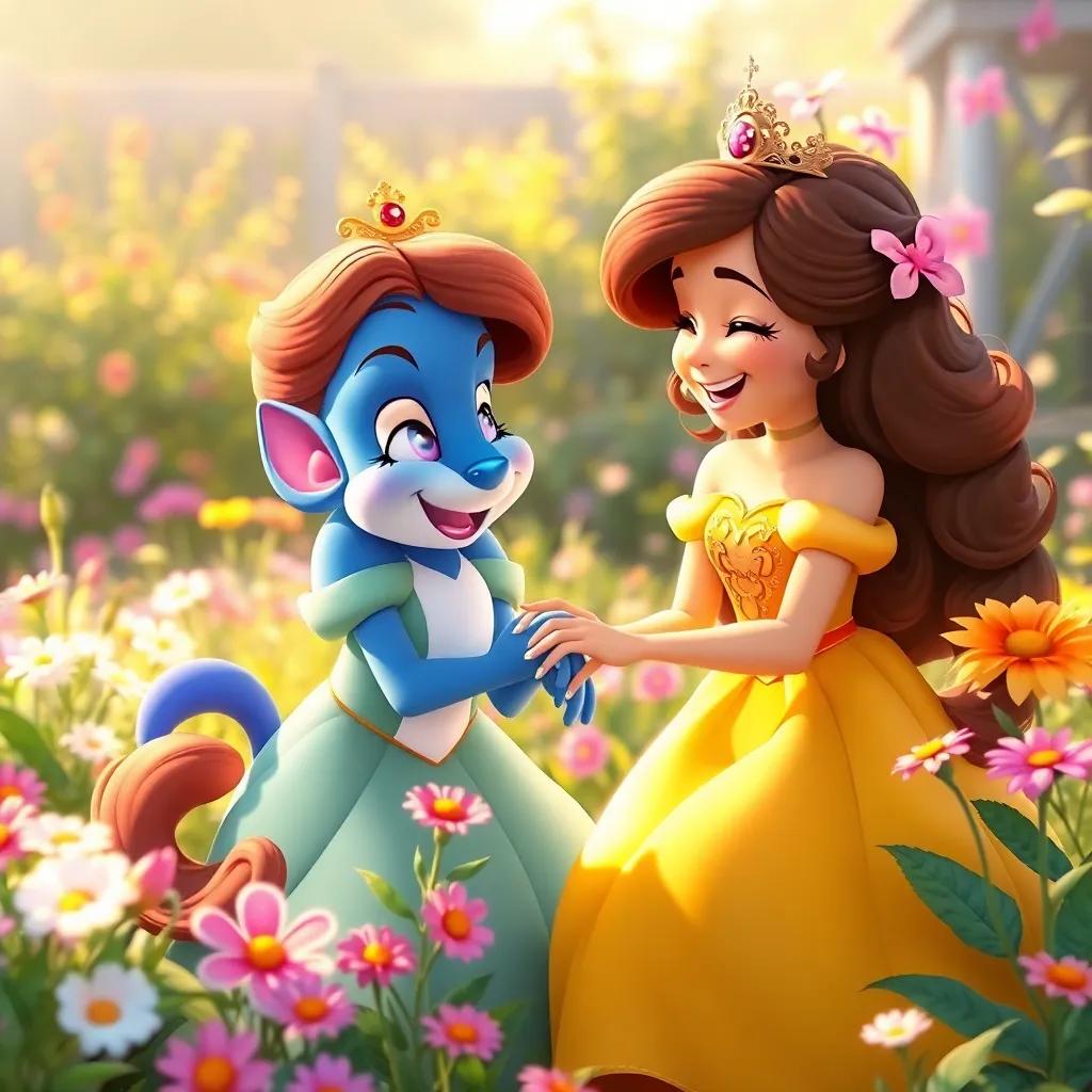 Princess Mia and Dazzle playing and laughing together in the garden, surrounded by flowers and bright sunshine, the happiness radiating from their friendship, joyful mood, high quality