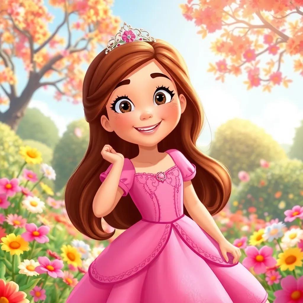 A cheerful princess named Mia, with long brown hair, wearing a pink dress, playing in a colorful garden filled with flowers and trees, cheerful atmosphere, bright sunlight, children-friendly, enchanting, illustration