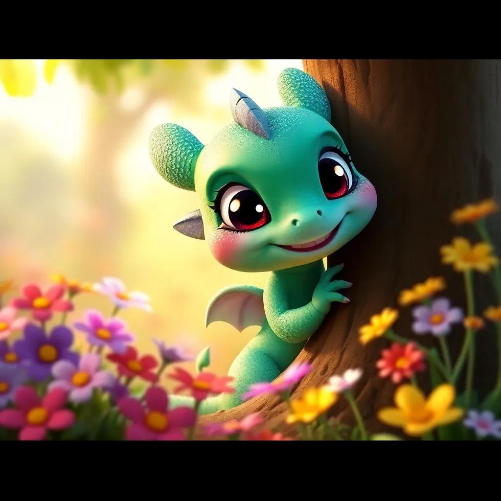 Dazzle, a small green dragon with sparkling scales, big bright eyes and tiny wings, hiding behind a tree, giggling playfully, surrounded by colorful flowers and bright sunlight, whimsical scene, child-friendly