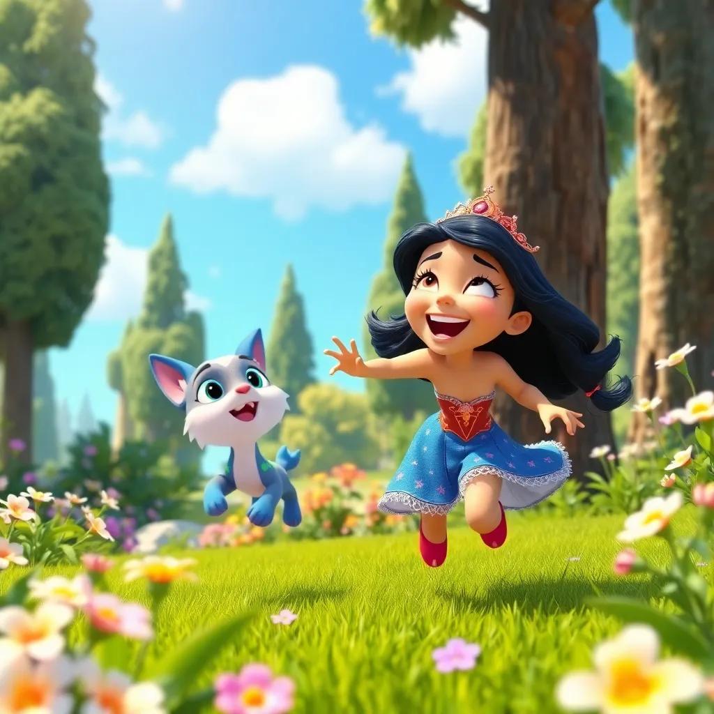 Princess Mia and Dazzle playing together in the garden, running through blooming flowers and tall trees, laughter in the air, the bright blue sky overhead, joyful and vibrant, playful atmosphere, illustrating the bond of friendship