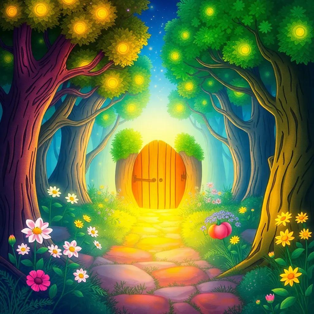 The enchanted forest with glowing trees and singing flowers leading to a magical gate, vibrant colors, whimsical style, fantasy setting, inviting light, high quality
