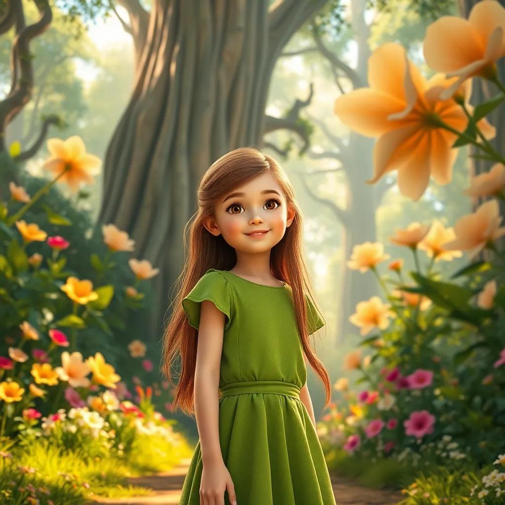 A young girl, Princess Lily, with long brown hair wearing a simple green dress, entering the Giant's Kingdom with tall trees and enormous flowers, warm sunlight, vibrant colors, cheerful atmosphere, high quality