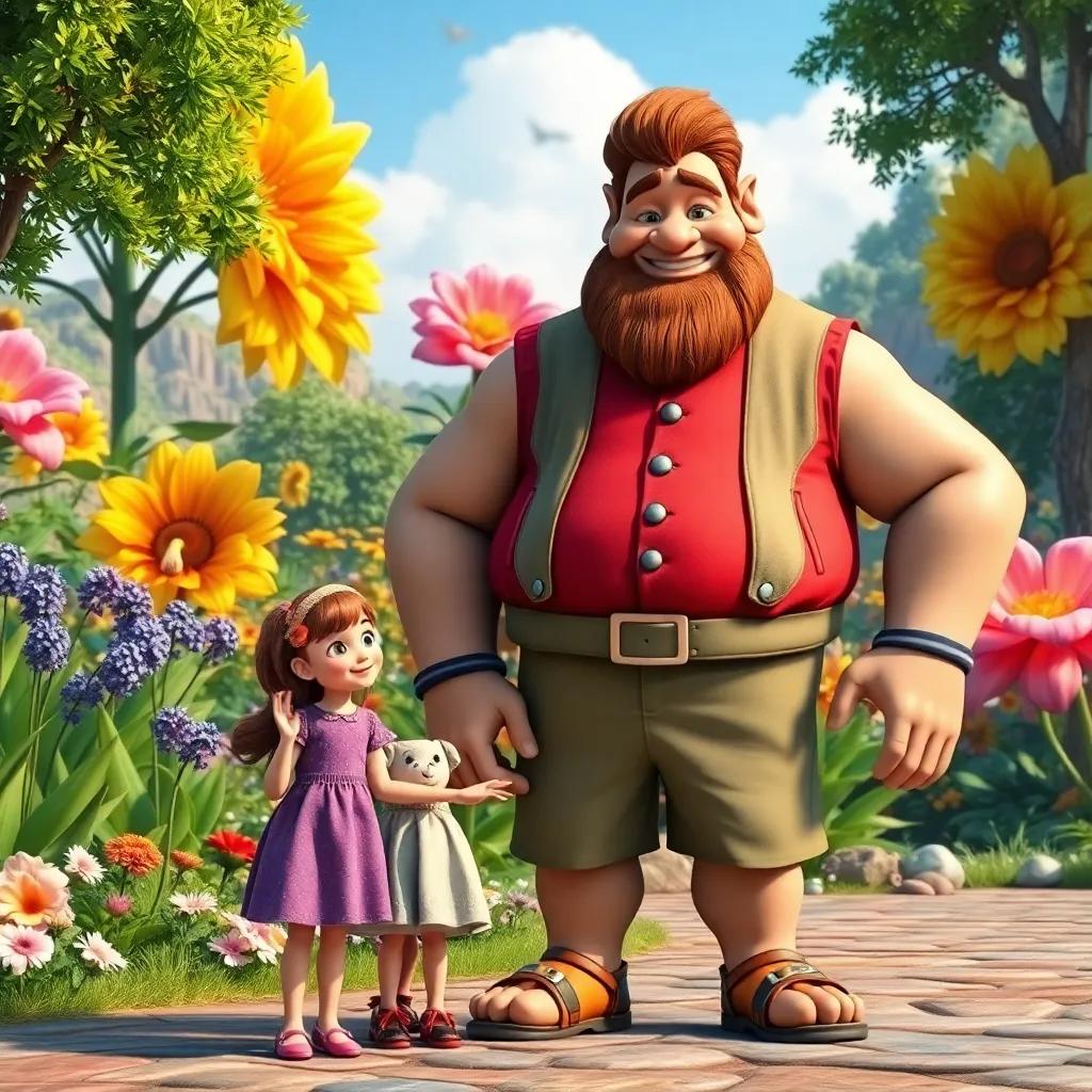 A friendly giant, Gregor, with a big smile, wearing a colorful vest and shorts, standing next to a small girl, giving a tour in the picturesque Giant's Kingdom with giant flowers in the background, digital art, bright colors, inviting scene, high quality