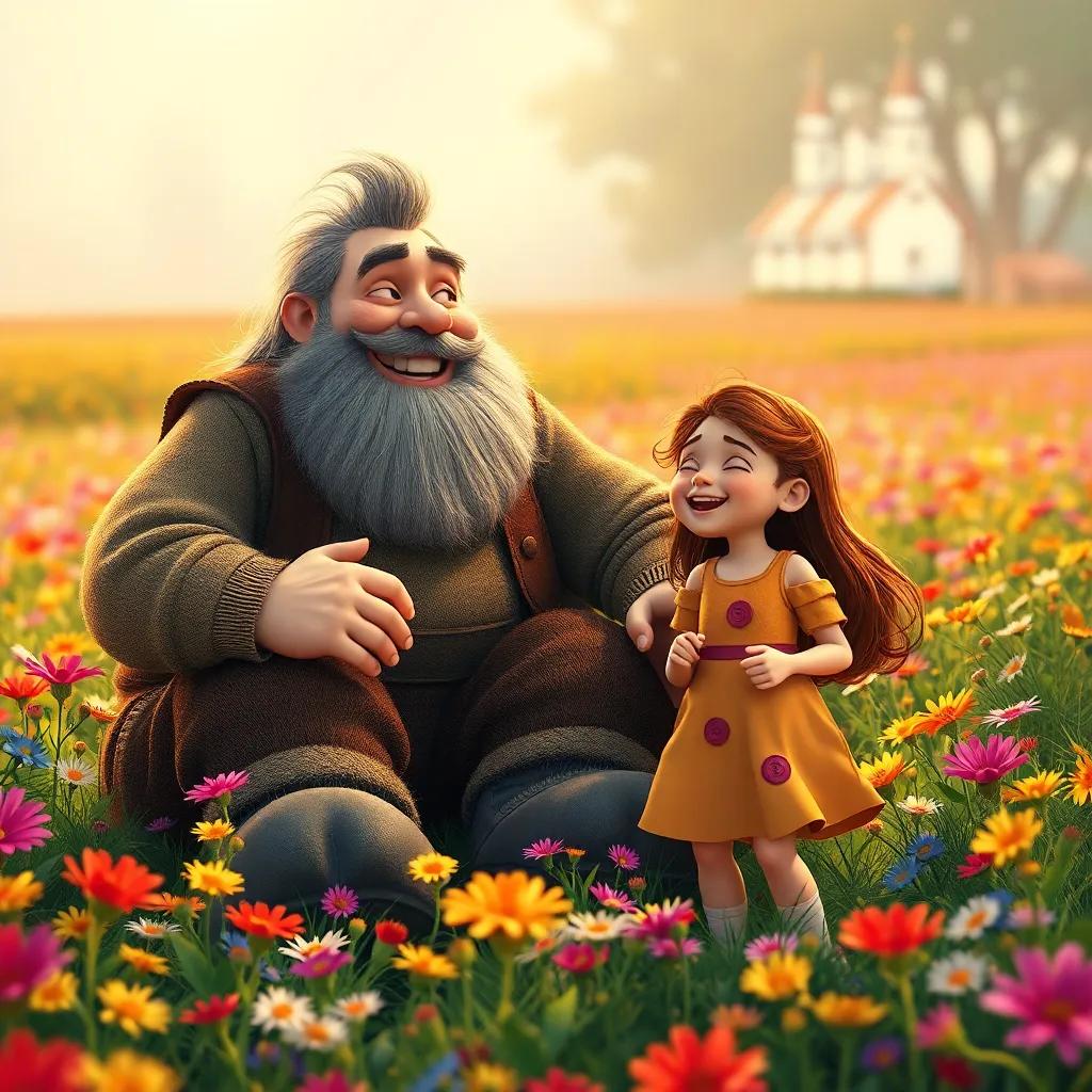 A friendly giant, George, with fluffy beard and big shoes, laughing with Mia, the young girl, in a field of colorful flowers, warm lighting, joyful scene, illustrative style, high quality