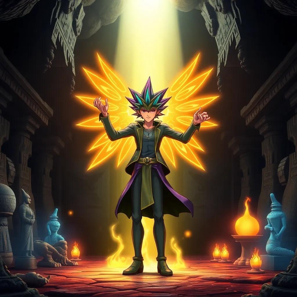 The epic moment of transformation in the underground base where Yugi transforms into Yami Yugi, standing heroically with glowing Egyptian artifacts around, intense light, fantasy realm, detailed portrait, high quality