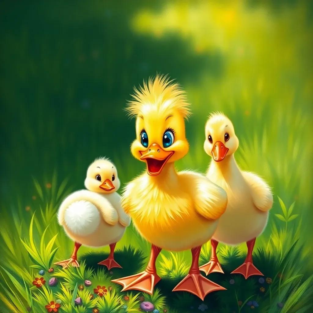 A happy duck, Daisy, with fluffy yellow feathers and sparkling eyes, standing on the grass beside two other ducks, Waddles and Puddles, ready for adventure, cheerful sunlight, vibrant green grass, high quality, child-friendly