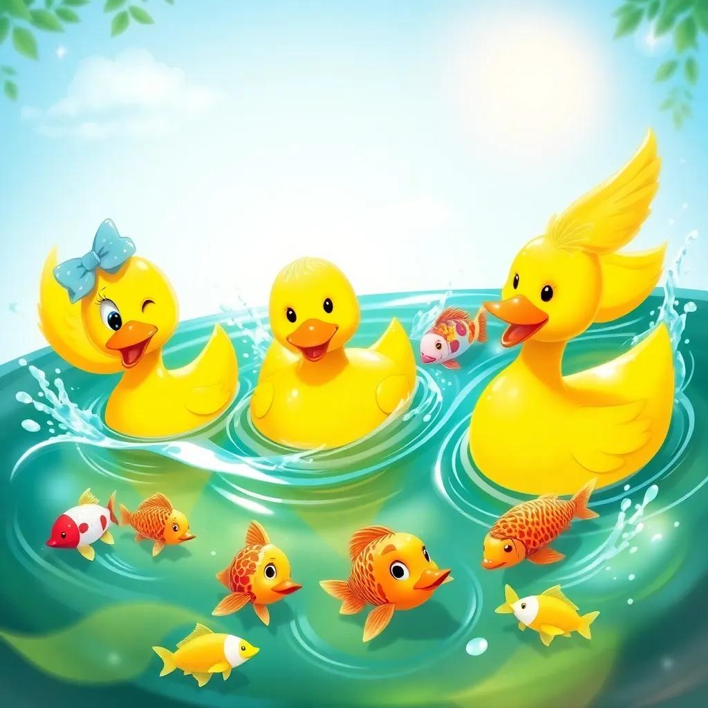 Daisy, Waddles, and Puddles the ducks, with colorful fish swimming in a pond, splashing water around, bright sunshine reflecting on the water, cheerful digital illustration, lively atmosphere, high quality