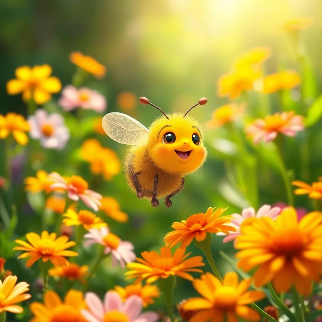 A little bee named Bella, small and fluffy, buzzing around colorful flowers in a vibrant green garden, bright sunlight shining down, cheerful and lively ambiance, digital art, warm colors, inviting atmosphere, high quality
