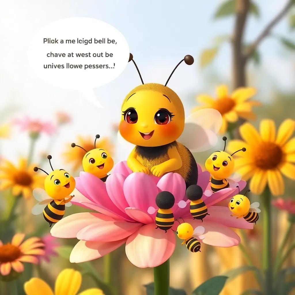 Bella the bee, leading her friends in a meeting, sitting on a flower with other little bees, expressing concern about the wilting flowers, friendly and engaging, illustration, soft lighting, bright garden colors, child-friendly