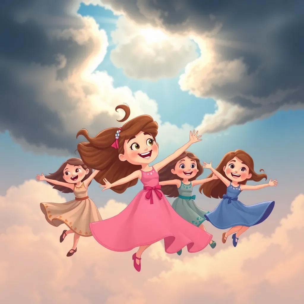 Bella and her friends dancing in the sky, twirling in beautiful patterns with dark clouds gathering above, happy expressions on their faces, illustration, colorful, joyful movement, uplifting vibe, cheerful