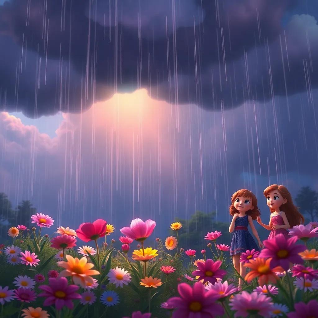 The clouds growing dark, with gentle raindrops falling onto the flowers in the garden, Bella and her friends cheering nearby, magical moment captured, digital art, vibrant colors, warm light, high quality