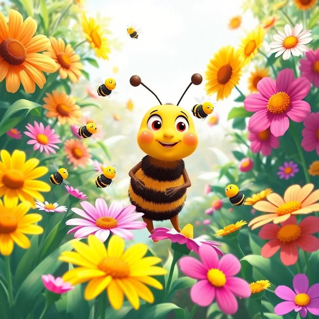 The garden blooming again, flowers colorful and bright, Bella the bee happily collecting nectar, surrounded by her buzzing friends, celebrating teamwork, illustration, sunny day, bright and vibrant, cheerful atmosphere