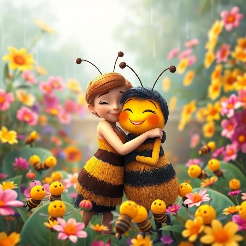 Bella and the queen bee hugging each other, surrounded by happy little bees in a colorful garden, moments after the rain, feeling warm and proud, digital art, vibrant, heartwarming atmosphere, high quality