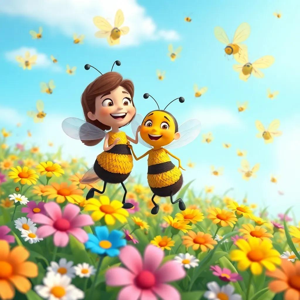 The garden filled with buzzing bees, dancing together amongst the flowers, floral colors pop against the blue sky, Bella smiling bright, illustration, cheerful and lively scene, inviting ambiance