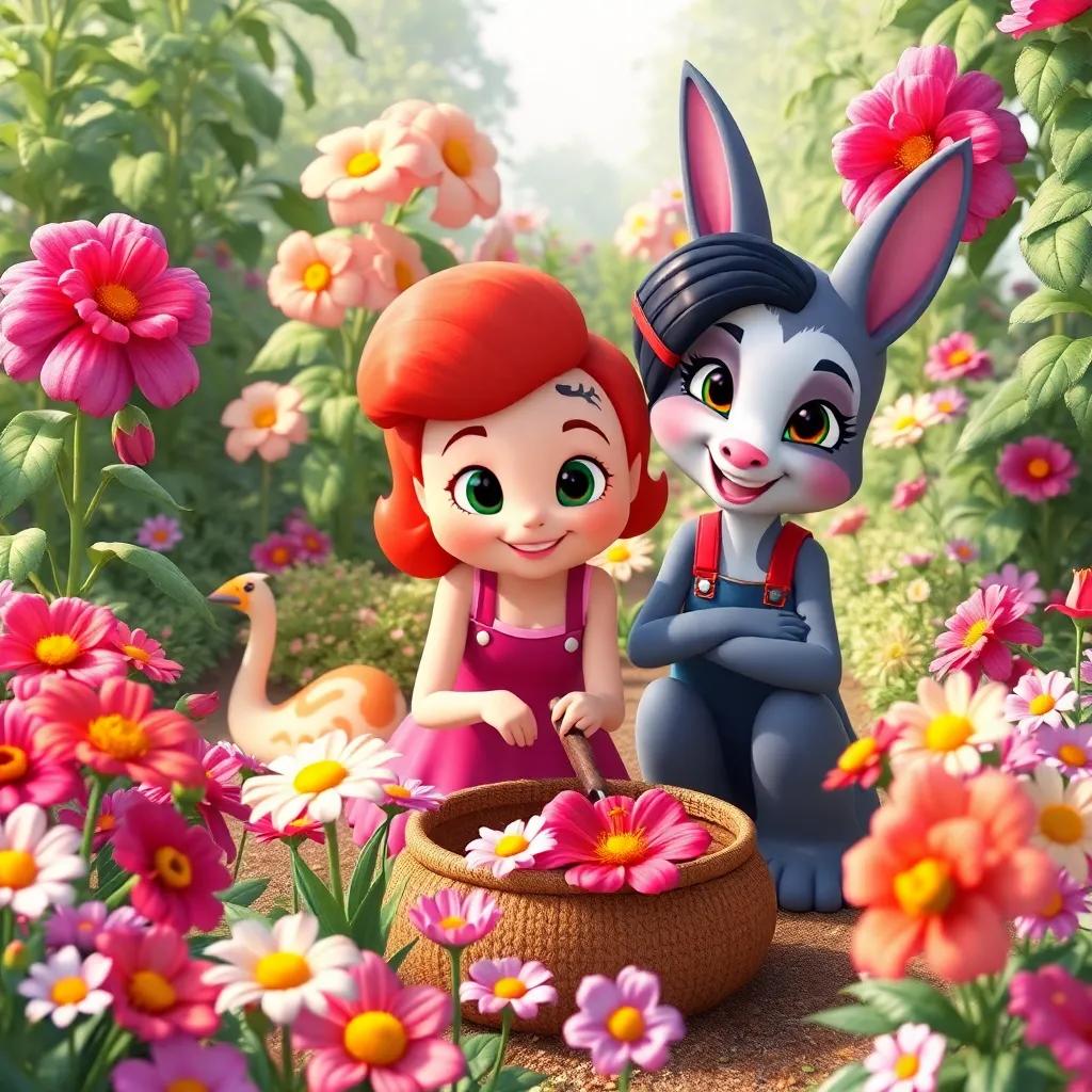 Bella and her friends working together in the flourishing garden, their bond strong and happy, with flowers blooming beautifully around them, vibrant colors, friendly atmosphere, high quality