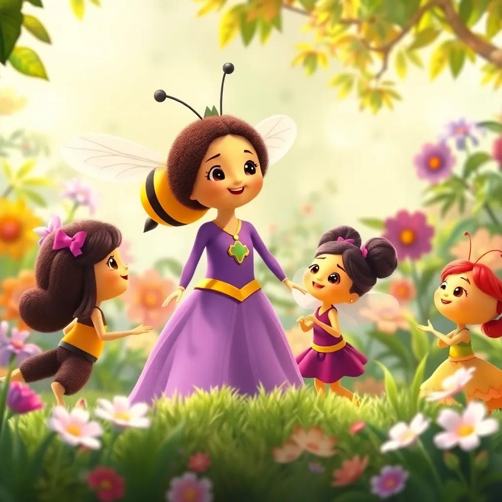 The queen bee watching over the garden as Bella and her friends dance, an aura of kindness and cooperation, smile on her face, uplifting imagery, colorful and bright illustration, enchanting atmosphere