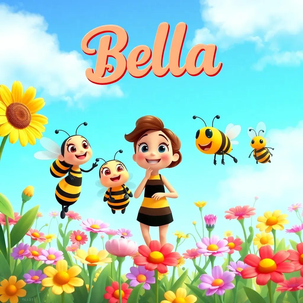 A happy garden with Bella and her friends buzzing joyfully, colorful flowers and bright blue sky, the essence of teamwork and kindness, cheerful and playful illustration, warm color palette, vibrant and inviting setting