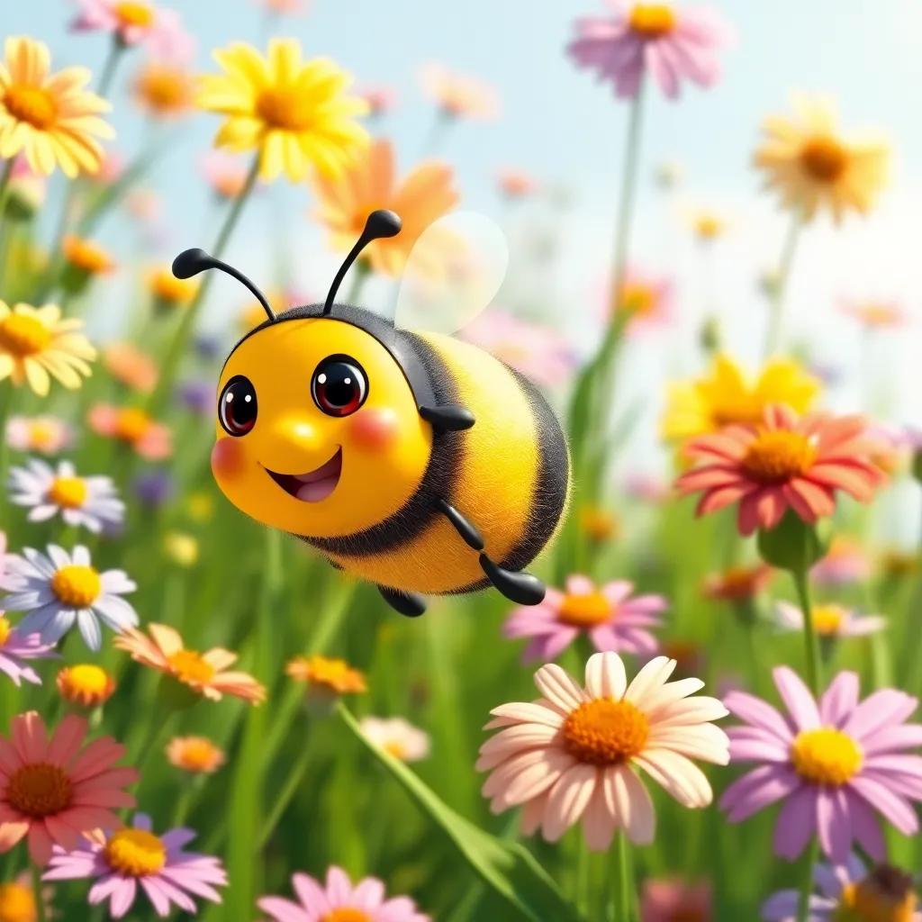 A small bee, Bella, with yellow and black stripes, flying joyfully among colorful flowers in a green meadow, bright sunshine, digital art, cheerful atmosphere, vivid colors, high quality