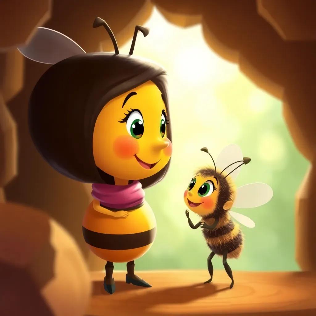 Bella, a tiny bee, with a big smile, talking to the queen bee, who is wise and kind, in a cozy hive setting, digital drawing, inviting light, harmonious colors, side view, high quality