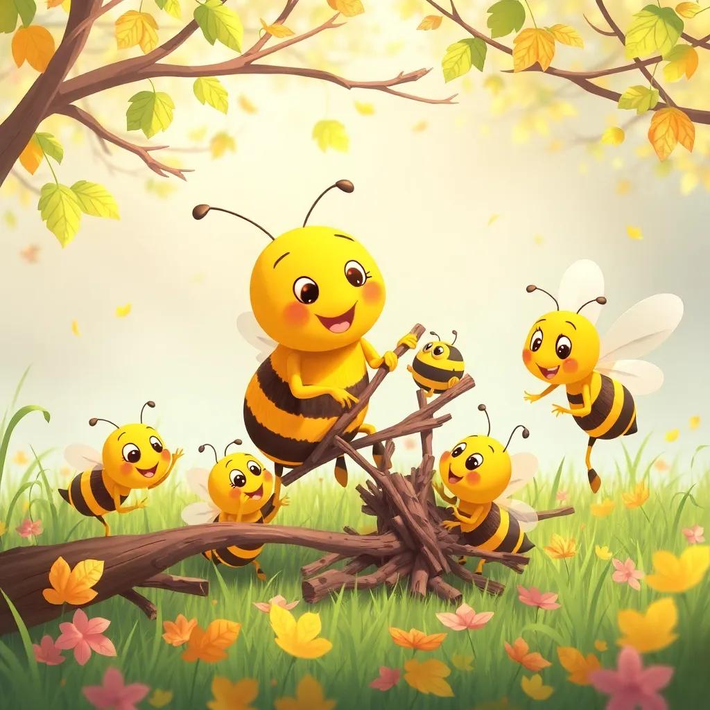 A group of bees collecting sticks and leaves from around the meadow, working together happily, with Bella leading them and encouraging them, colorful, joyful scene, illustration, vibrant colors, cheerful