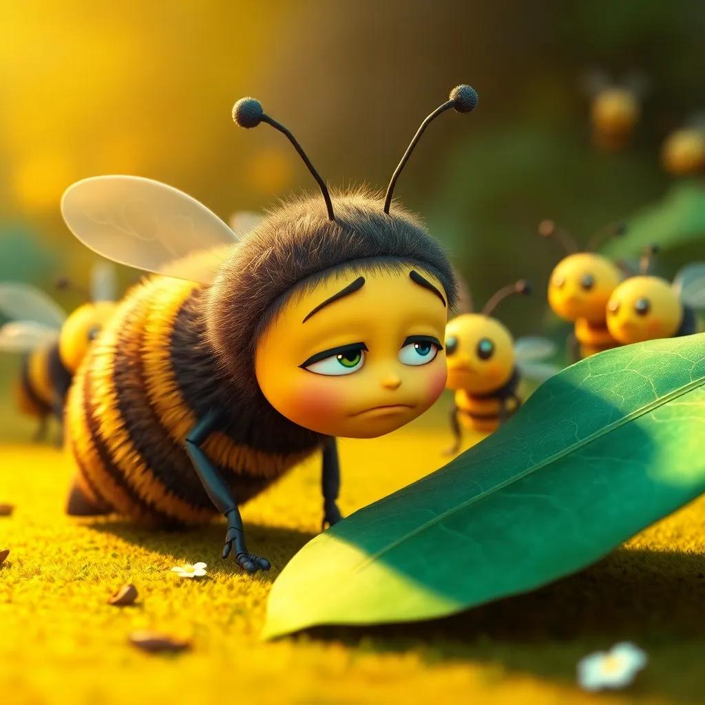 A sad bee named Benny, looking at a big leaf on the ground, while other bees gather around in concern, warm light, friendly colors, close-up view, friendly