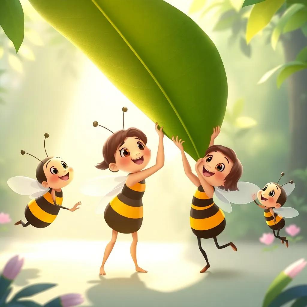 Bella and her friends lifting the big leaf together, with teamwork and smiles, bees of different sizes, bright light, soft colors, uplifting scene, illustration, high quality