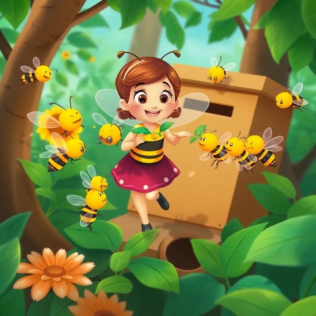 Bella leading the bees, showing them where to place leaves on a hive, all buzzing happily and working together, bright skies returning, digital drawing, vibrant, hopeful atmosphere, child-friendly