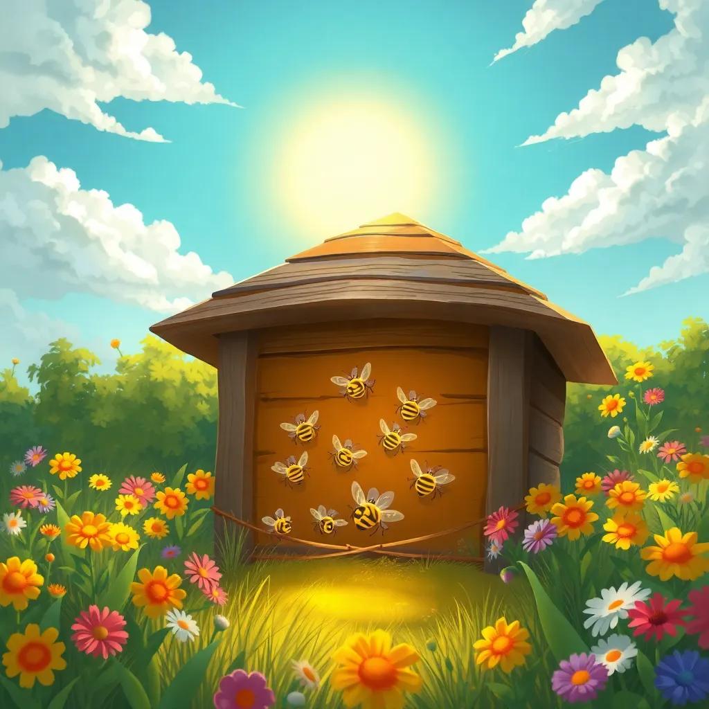 A safe and strong hive after the storm, bees happily emerging under a bright sun, with colorful flowers around, joyful scene, illustration, warm colors, high quality