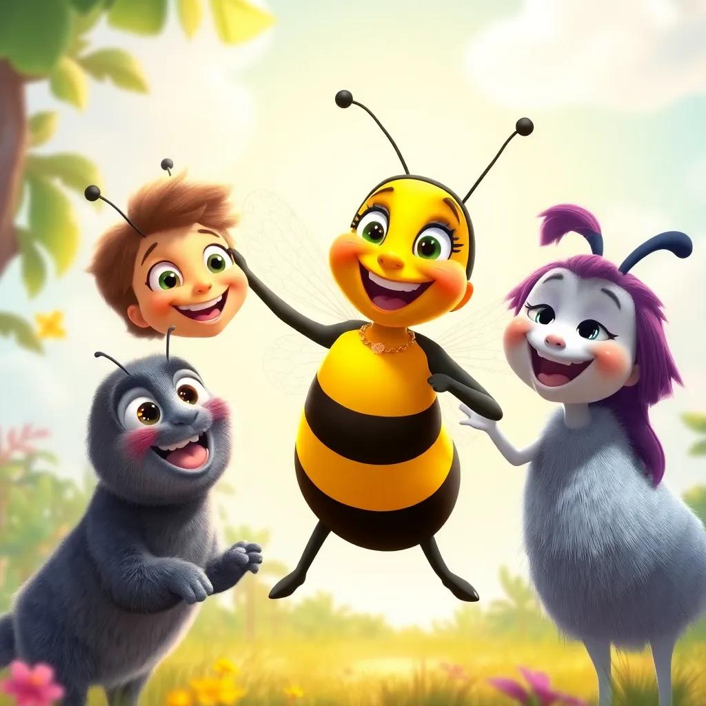 Bella buzzing joyfully with her friends, enjoying the sunny day after the storm, celebrating teamwork and kindness, bright and colorful background, digital art, cheerful, high quality
