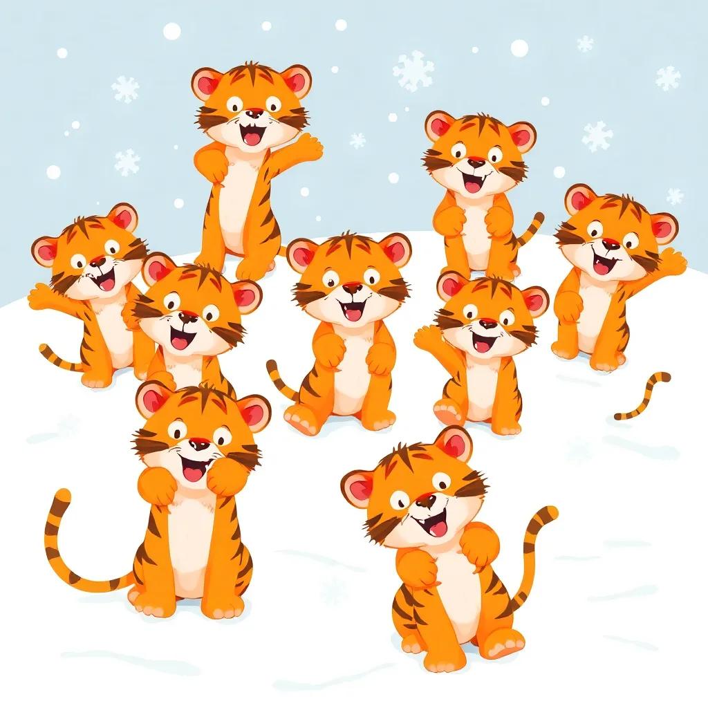 Thirteen playful tigers with bright orange fur and playful expressions, frolicking in the snow, big fluffy paws making snowflakes fly, cheerful winter scene, colorful, lively, fun, high quality