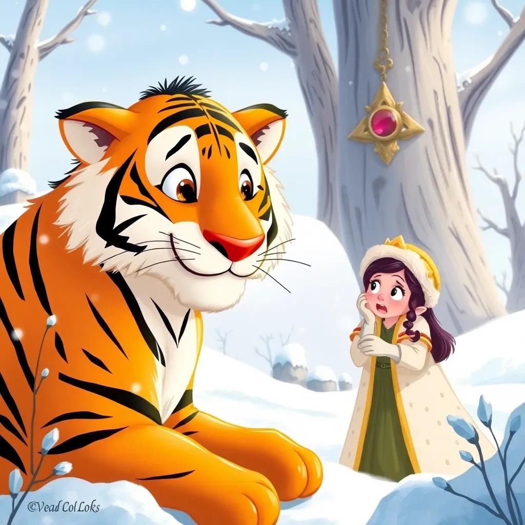 The largest tiger with a friendly face, talking to Queen Lila, the queen looking curious but nervous, surrounded by snowy landscape, bright colors, inviting atmosphere, high quality