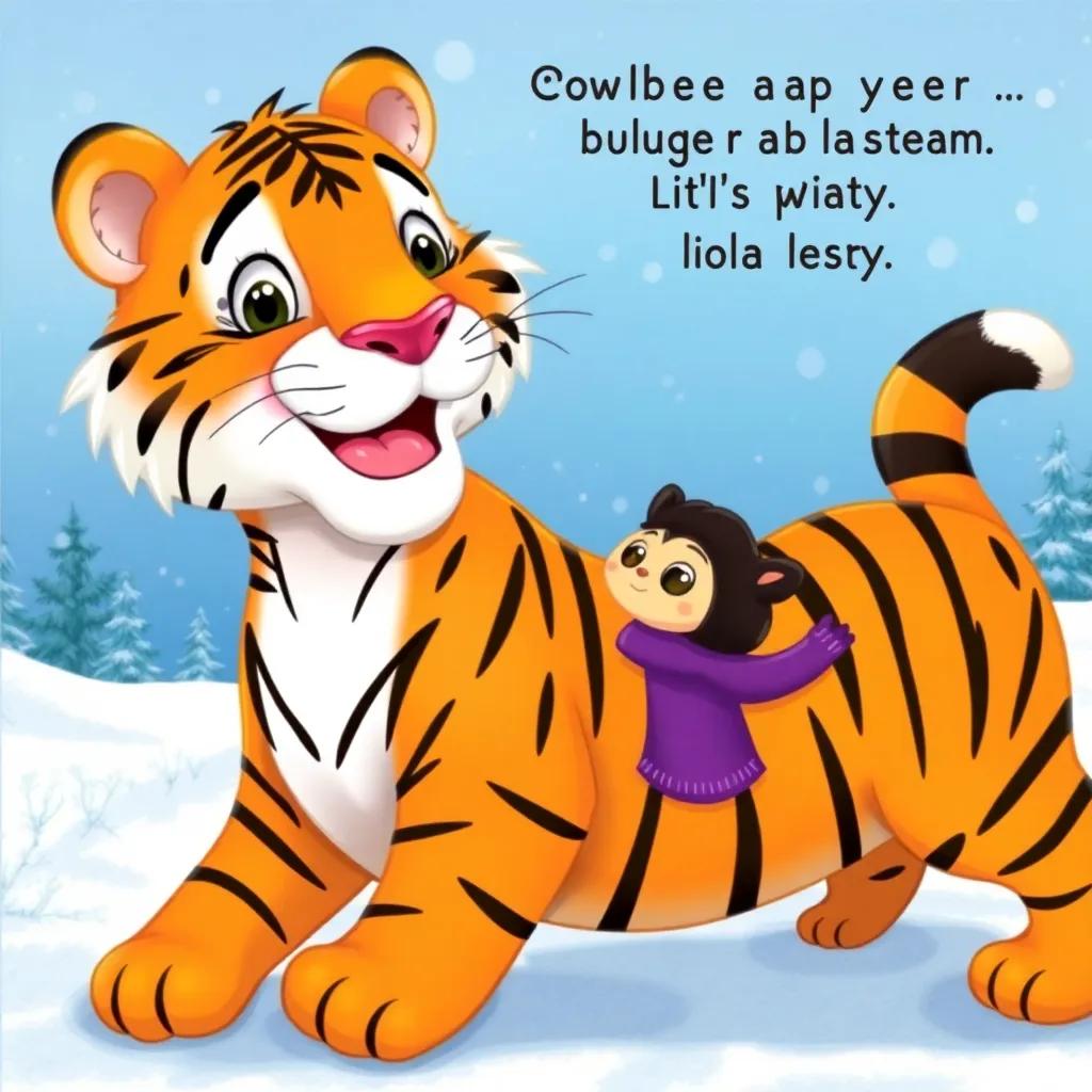 A big tiger with a playful expression, wagging its tail while inviting Lila to play, winter wonderland background, snowy landscape, colorful, engaging, high quality