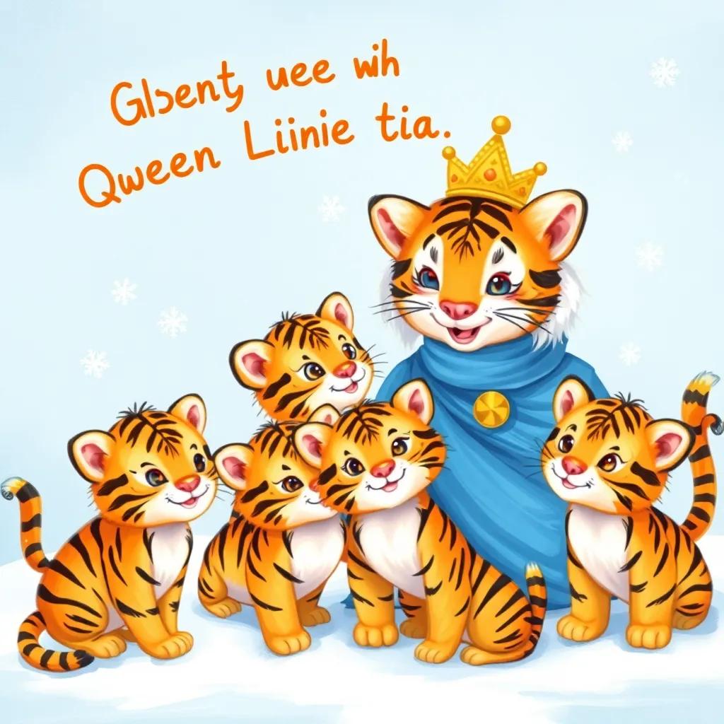 Little fluffy tiger kittens looking cute and playful, encouraging Queen Lila to join them, snowflakes falling gently around, heartwarming scene, colorful, vibrant, high quality