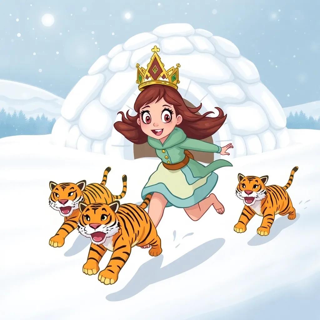 Queen Lila running swiftly back to her igloo, her eyes wide with excitement, tigers chasing after her playfully, snowy backdrop, dynamic and fun, high quality