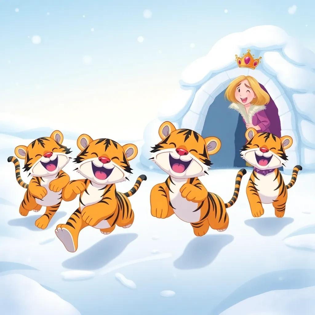 Tigers running joyously in the snow, laughing and calling to the queen, Queen Lila peeking from her igloo, playful atmosphere, colorful, happy, high quality