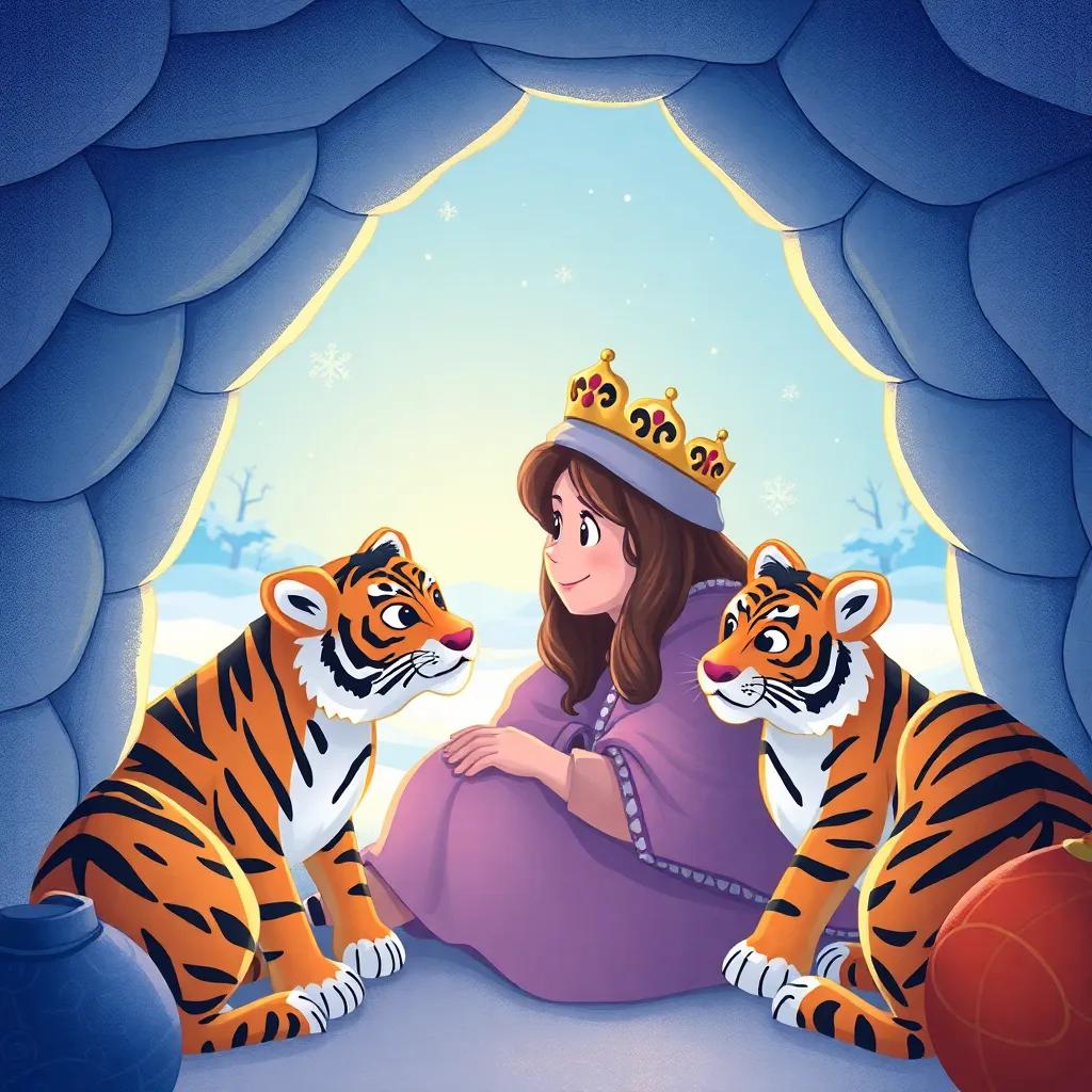 Queen Lila inside her cozy igloo, smiling as she looks out at the playful tigers, warm light from the igloo, snowy world outside, inviting and warm, high quality