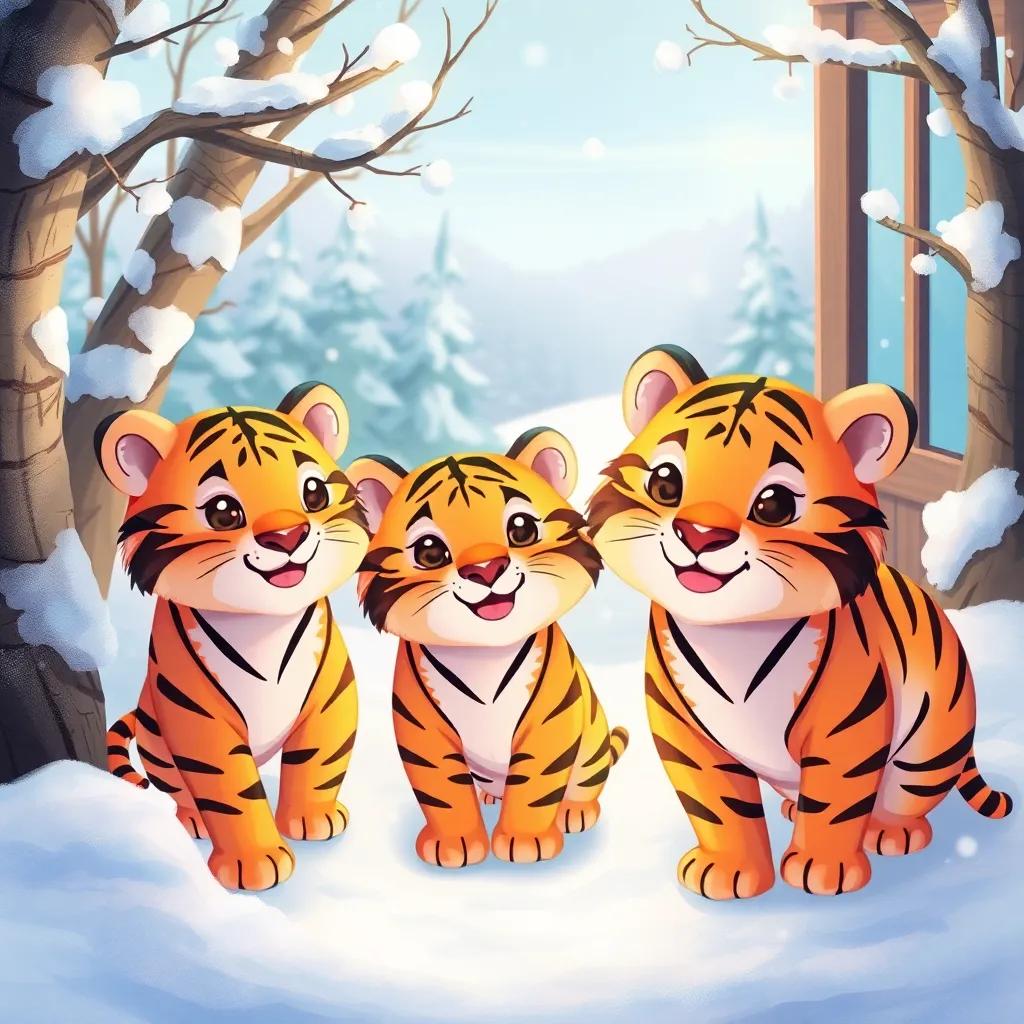 Tigers stopping and looking at Queen Lila from outside, their faces filled with friendly curiosity, beautiful winter landscape, cheerful and inviting, high quality