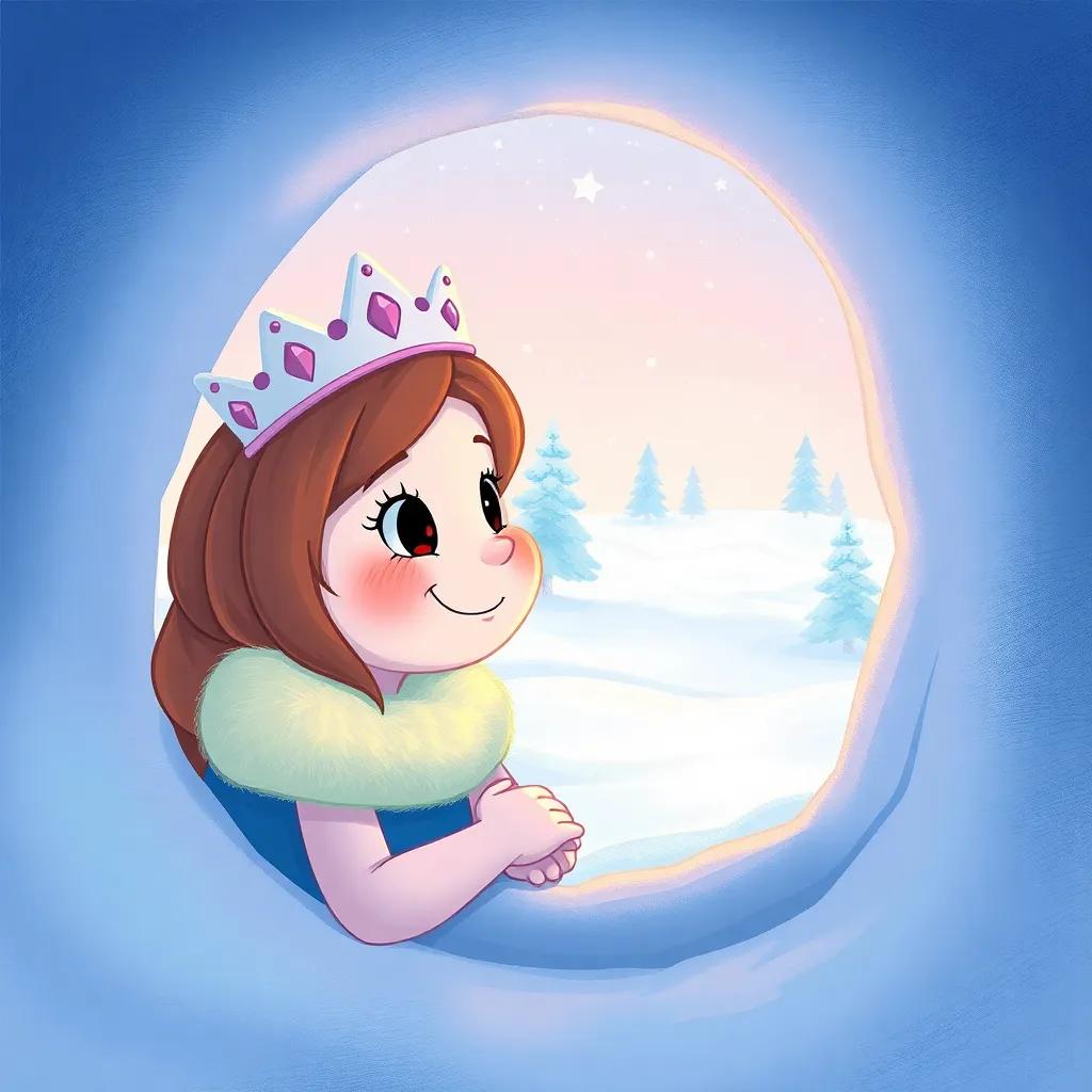 Queen Lila smiling through the icy window of her igloo, thinking about playing outside, soft warm light inside, snowy scene outside, heartwarming, high quality