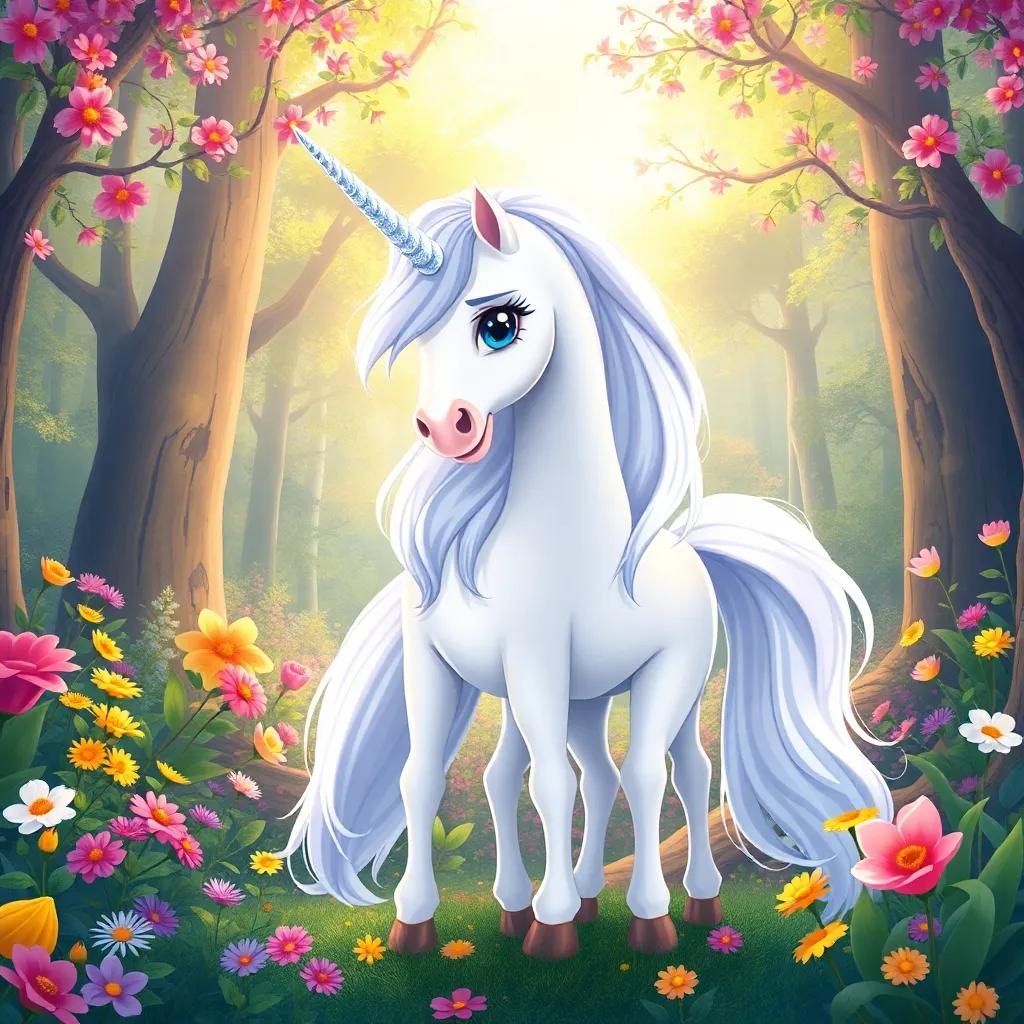 A magical unicorn with a silver mane, standing beside Lancelot in a colorful enchanted forest, flowers blooming all around, gentle and majestic aura, bright colors, whimsical illustration, fantasy theme