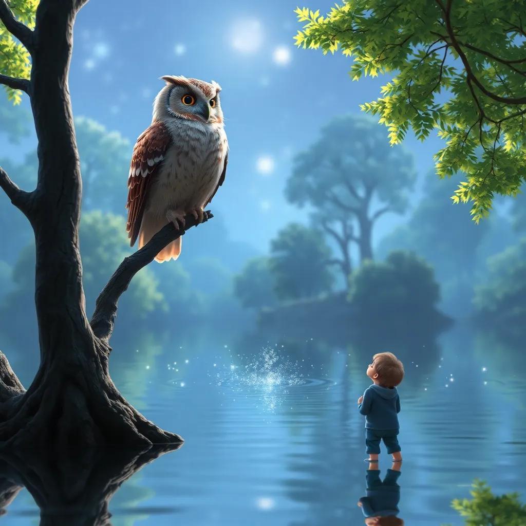 An old wise owl perched on a branch above a sparkling Enchanted Lake, Lancelot gazing up in awe, reflections of the trees in the water, calm and serene environment, enchanting artwork