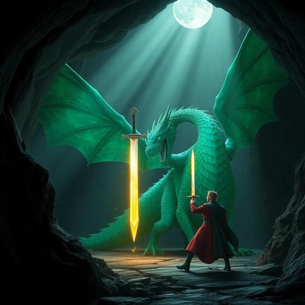 A fierce dragon with emerald scales, guarding a glowing sword in a dark cave, Lancelot bravely confronting the dragon, beams of light illuminating the cave, dramatic and adventurous scene