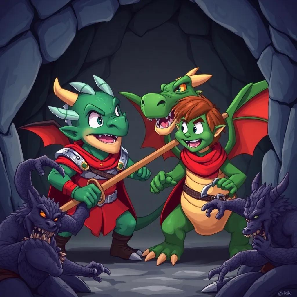 A heroic scene of Lancelot and the dragon, fighting trolls together in a cave, teamwork shown in their expressions, vibrant colors, dynamic action pose, cartoonish and lively style