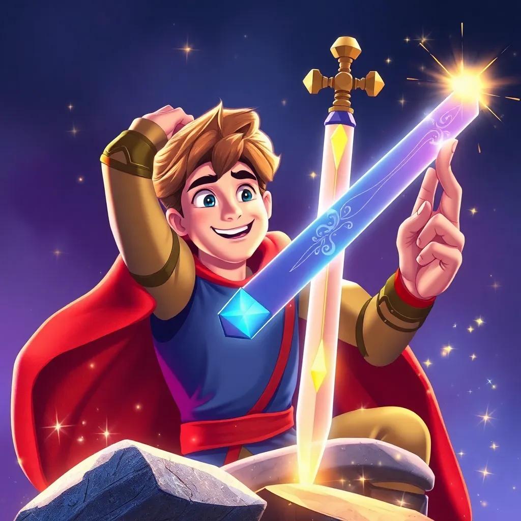Lancelot, lifting the glowing sword Excalibur from a stone, surrounded by sparkles of magic, his face reflecting determination and joy, colorful fantasy art