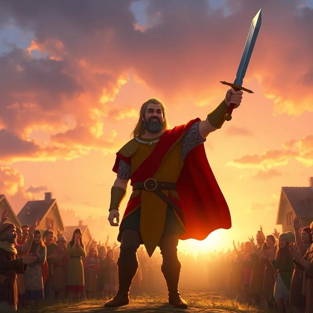 A triumphant scene where Lancelot returns home, waving Excalibur in the air, a crowd of villagers cheering for him, warm sunset in the background, vibrant colors