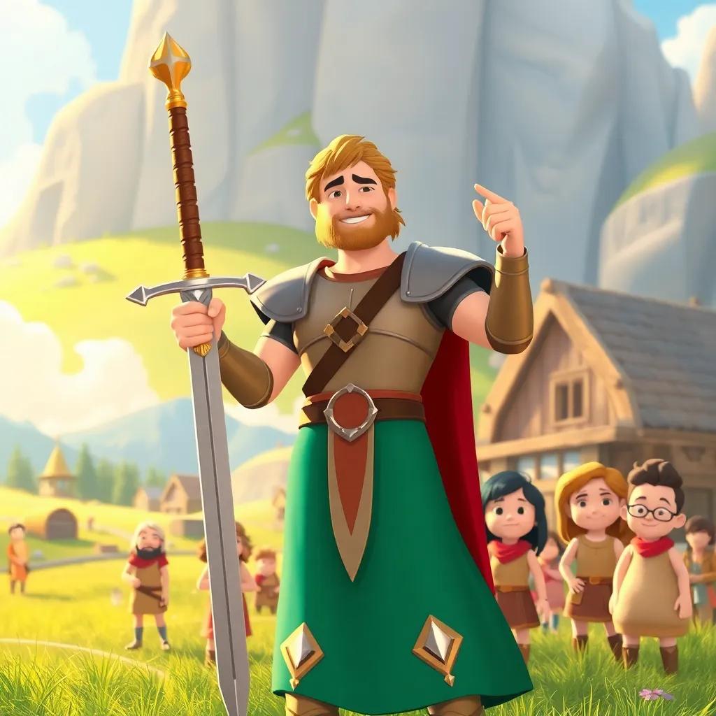 Lancelot standing proudly with Excalibur, wearing a humble smile, surrounded by friends and villagers he helped, bright cheerful landscape, uplifting mood, friendly style