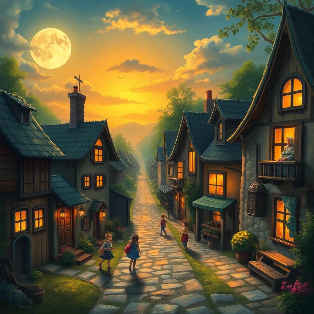 A small village named Moonlight with cozy houses, a warm sunset casting soft light, children playing in the streets, and a wise old woman watching from a window, digital art, cheerful atmosphere, vibrant colors, child-friendly, high quality