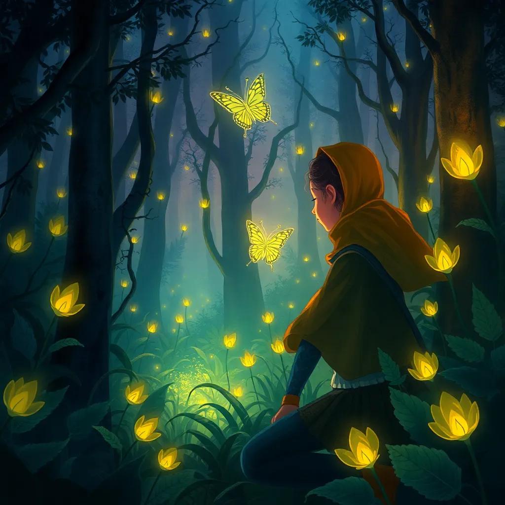 Layla and Noor exploring the dark Forest of Hidden Lights, surrounded by glowing plants and mysterious shadows, a shimmering butterfly flying ahead, detailed illustration, magical ambiance, inviting colors, adventure-themed, high quality