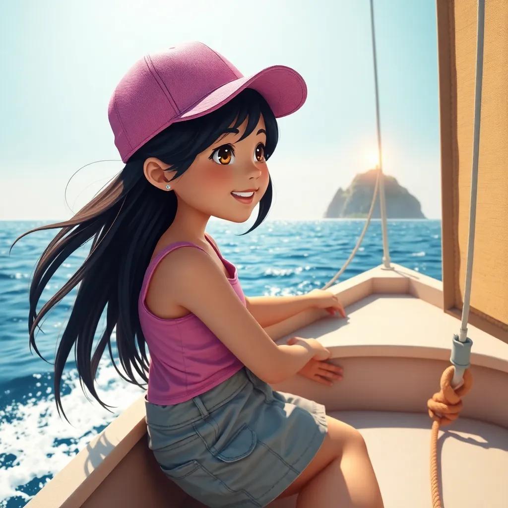A young girl, Mia, with long black hair wearing a pink cap and cargo shorts, sailing on a small boat with a glowing island in sight, bright sun and waves, cheerful, cheerful adventure theme, high quality