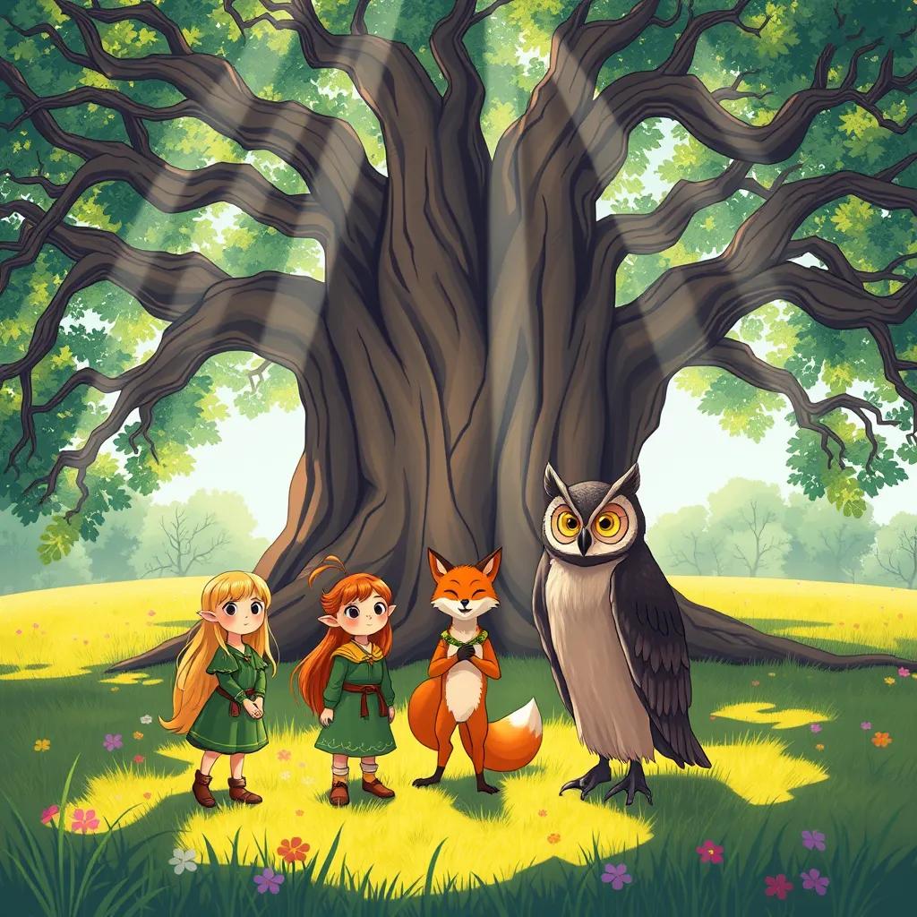 An illustration of a large, ancient oak tree with a sprawling canopy, surrounded by a lush, green meadow. Underneath the oak, three friends—Lila, a young elf girl with golden hair and a green tunic; Finn, a clever fox with bright orange fur; and Zara, a wise owl with large, bright eyes and a feathered robe—stand in a circle. The scene is filled with vibrant colors of spring, with rays of sunlight piercing through the leaves, casting a warm glow on the friends.