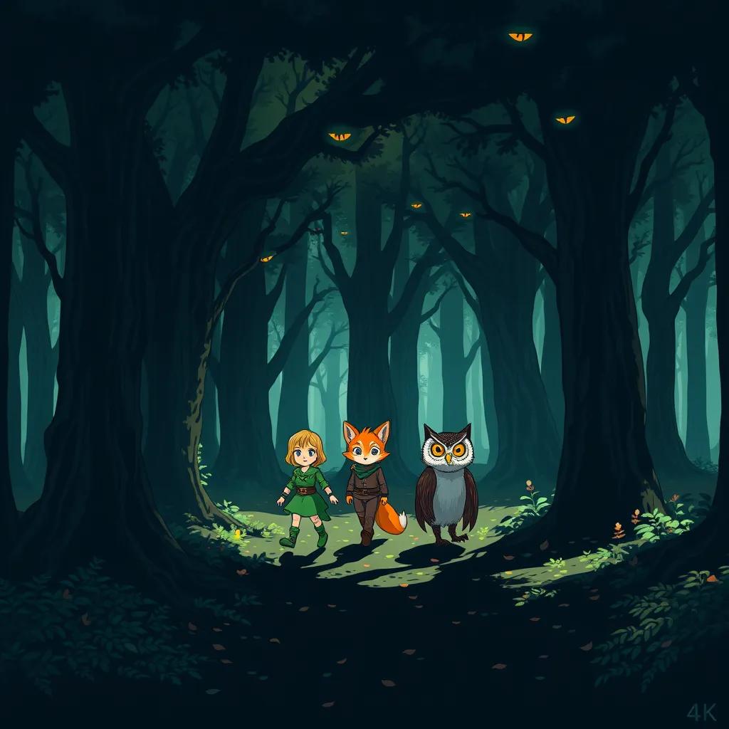 A dense, dark forest with towering trees and a thick canopy, blocking most of the sunlight. The ground is covered with a layer of fallen leaves, and shadows dance with every movement. In the center, Lila (an elf with a green tunic and golden hair), Finn (a fox with bright orange fur), and Zara (an owl with bright eyes and a feathered robe) are cautiously walking, with expressions of determination and slight fear. The forest seems alive, with subtle faces formed in the tree bark and eyes peering through the foliage.